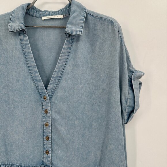 Mustard Seed Chambray Shirt Mini Dress Size L Boutique Swing Collared Lyocell - Picture 3 of 7